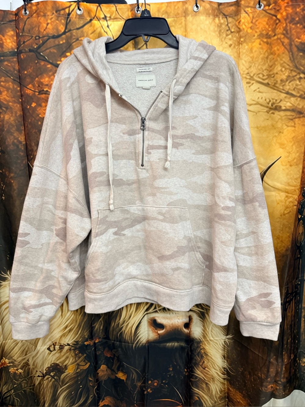 American Eagle Outfitters Beige Camo Half-Zip Hoodie Sweater